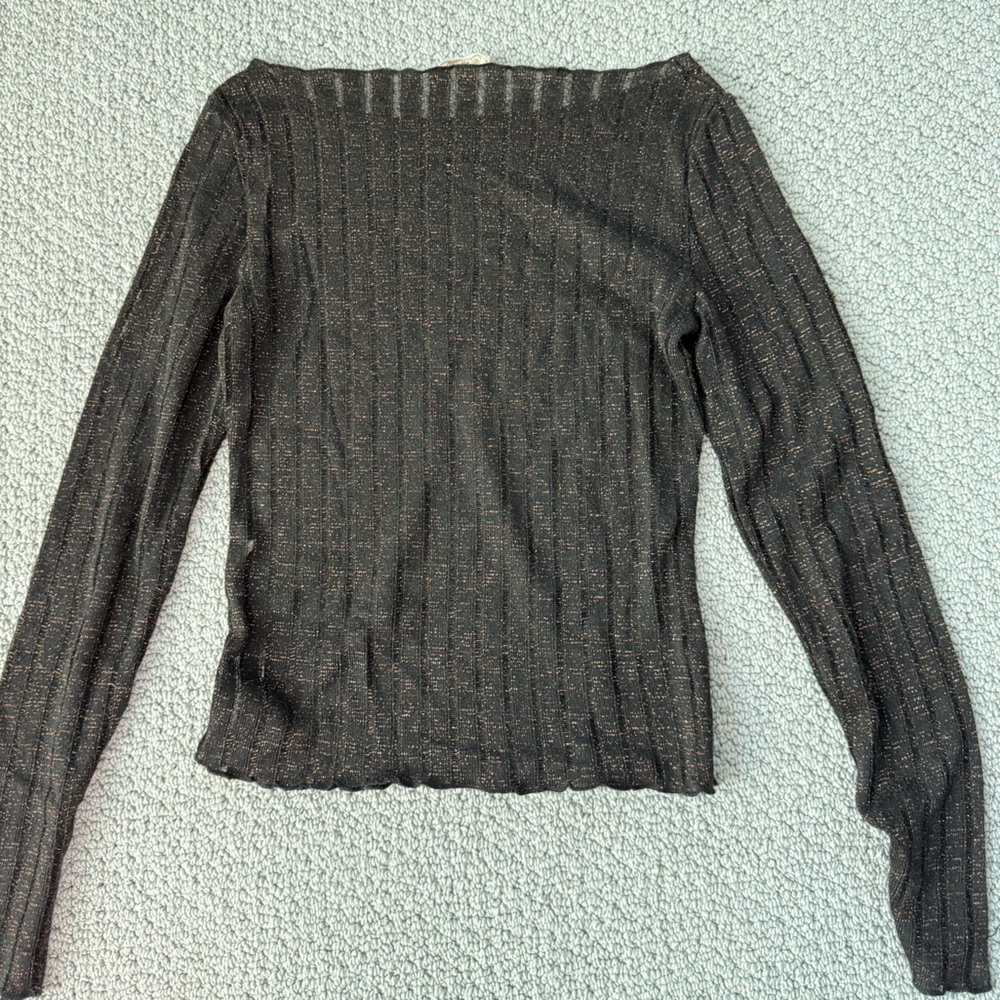 Anthropologie Black Metallic Ribbed Long-Sleeve Top